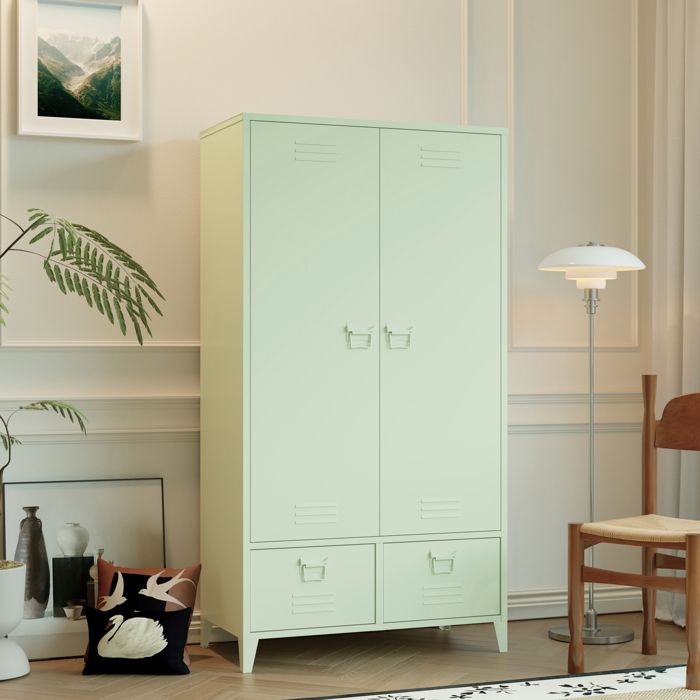 Armoire en métal 2 portes avec penderie vert tilleul MAEVA Armoire en métal 2 portes avec penderie vert tilleul MAEVA