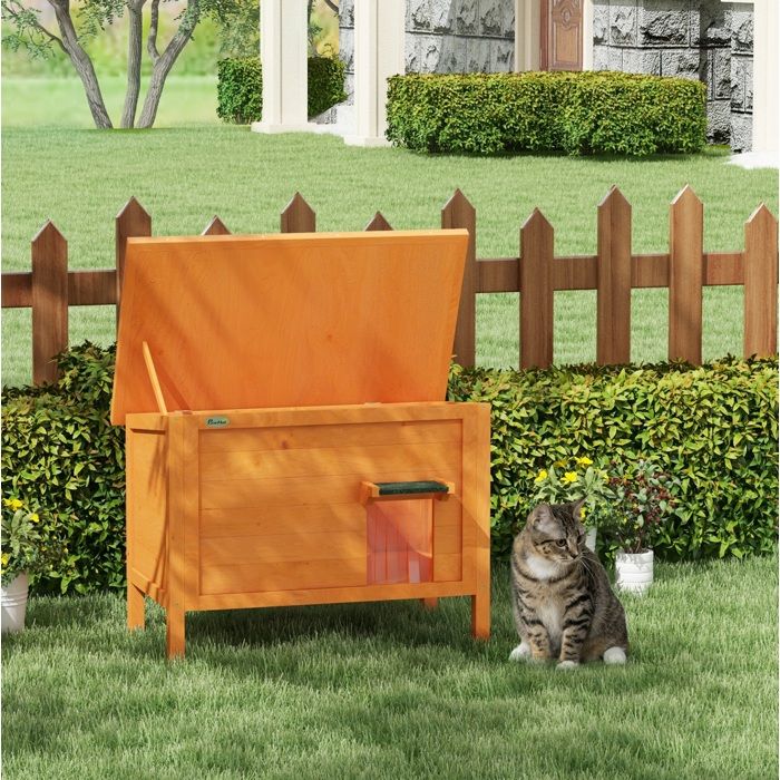 Niche pour Chat d’Extérieur Isolée avec Toit Ouvrant et Rideau - UVRION - en Bois Orange 85 × 50 × 685 cm