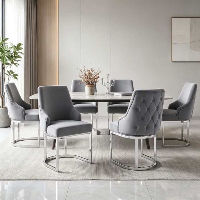 Chaise Salle à Manger  Lot de 6 Chaise Cuisine en Velours Moderne Pieds de Chaise Plaqués Argent Tissu Velours Gris + Argent