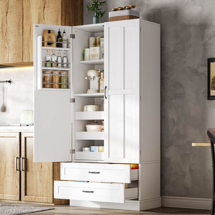 Armoire de cuisine 80x375x180 cm3 plateaux coulissants2 tiroirsrangements de porteMDFblanc