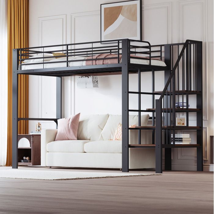 VUENOR Lit mezzanine 90x200 cm noir avec escalier integre et rangement sans matelas