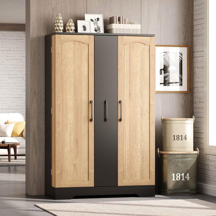HOMVRA Buffet de cuisine 78 x 35 x 120 cm avec 2 portes colonne coulissante 4 niveaux MDF noir et decor bois