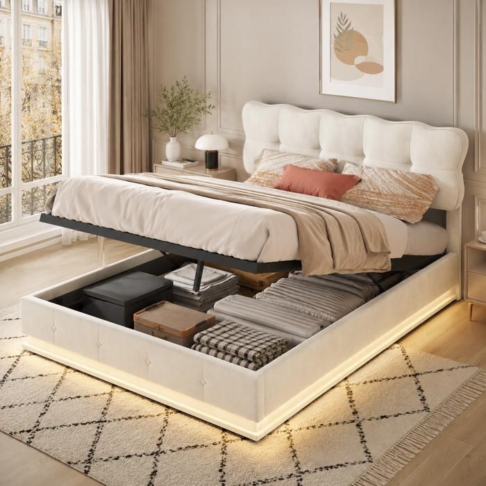 Lit coffre 160x200 cm – Lit hydraulique avec LED d‘ambiance – Tête de lit capitonnée – Lit double avec Sommier - Velours beige