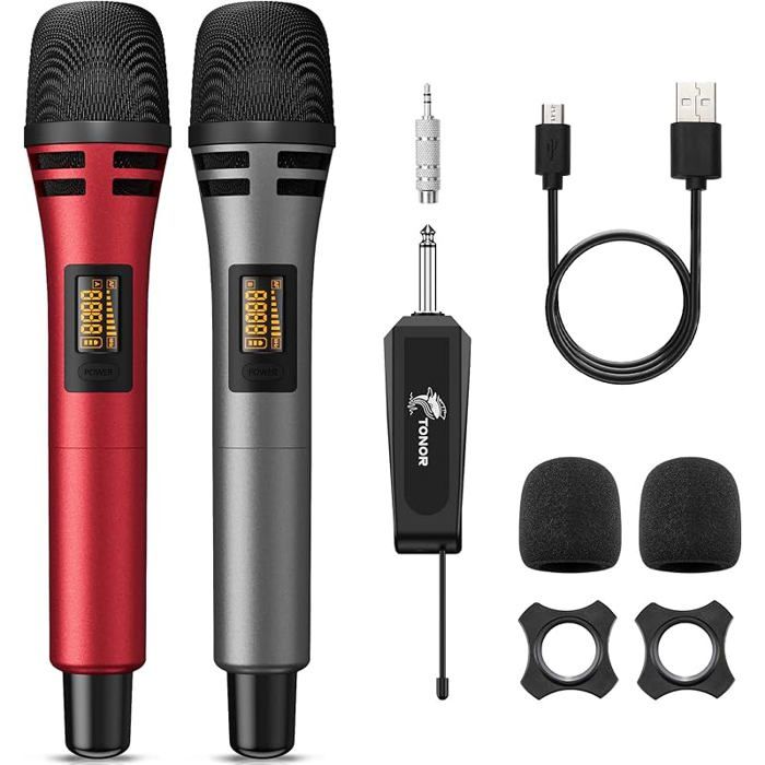 Microphone Karaoké Dynamique UHF Gris & Rouge