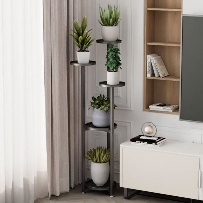 Support Plante Étagère à Fleurs Pour Salon Balcon Conception Robuste Assemblage Facile Matériau Durable 5 Niveaux 120cm Noir