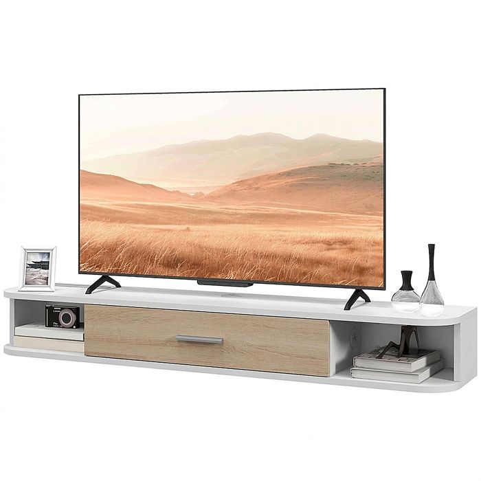 Meuble TV suspendu - Banc TV mural 50 pouces compartiments et porte rabattable - 120 x 26 x 16 cm - Blanc