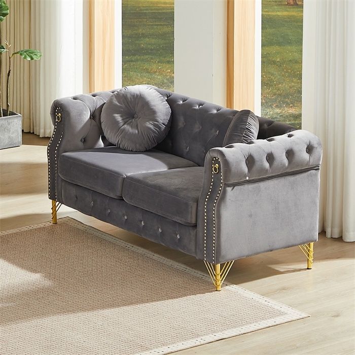 Canapé 2 places 153 6 x 76 2 x 73 6 cm - Canapé en velours style Chesterfield avec pieds dorés et clous décoratifs - Gris