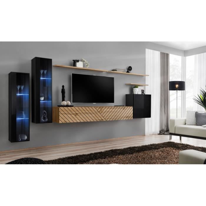 Ensemble de 7 meubles muraux pour TV en bois - Beige et Noir - AC-DÉCO - Switch XI - Contemporain - Design