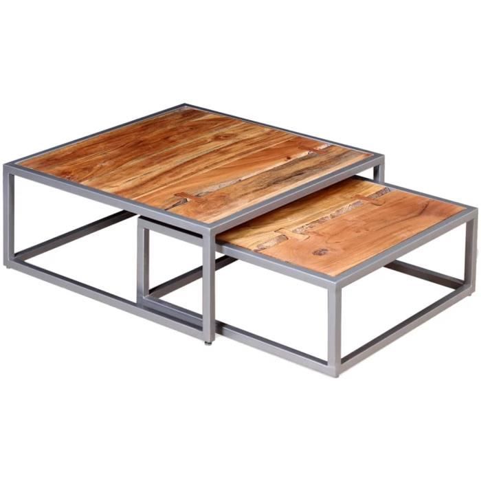 lot de 2 ensemble de tables basses, tables d'appoint, tables gigognes - 65 x 65 x 26 cm - style vintage - bois d'acacia massif