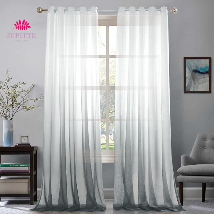 Rideaux Voilage Topfinel 140x240cm - Lin Blanc, Motif Croix, Oeillets - 2 Panneaux