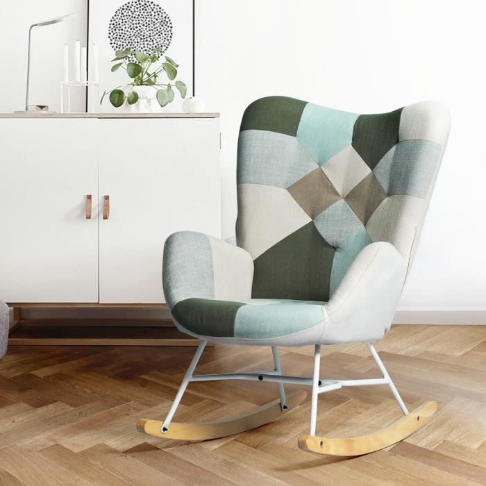meubles cosy fauteuil à bascule chaise loisir et repos tissus patchwork pour le salon salle à manger pieds e' bois métal