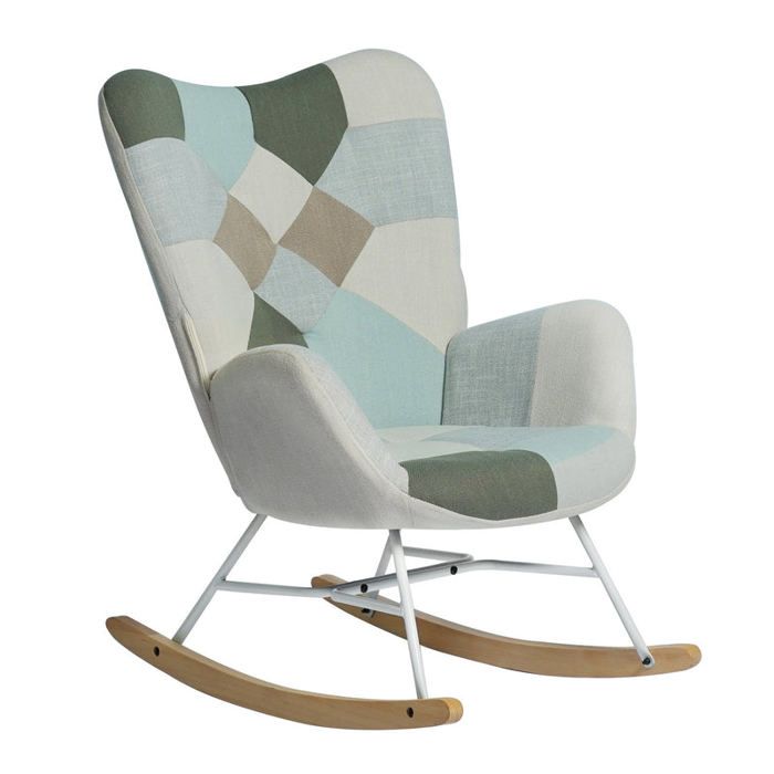 MEUBLES COSY Fauteuil à bascule allaitement scandinave avec accoudoirs en tissu patchwork aqua capitonné - EPPING MEUBLES COSY Fauteuil à bascule allaitement scandinave avec accoudoirs en tissu patchwork aqua capitonné - EPPING