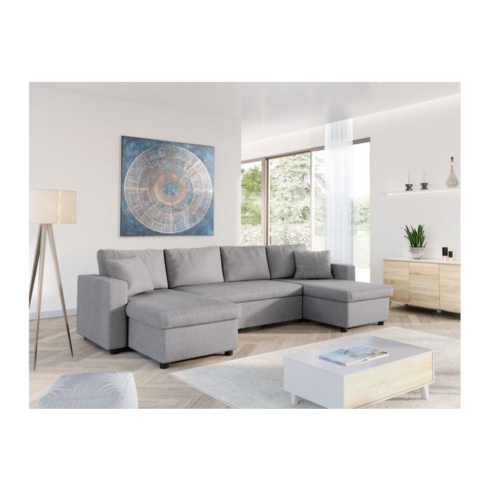 Canapé dangle Panoramique 6 places MARIA convertible Avec 2 Coffres en tissu - Gris clair - L295 x P146 x H81cm - LOUNGITUDE Canapé dangle Panoramique 6 places MARIA convertible Avec 2 Coffres en tissu - Gris clair - L295 x P146 x H81cm - LOUNGITUDE