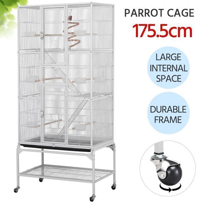 Cage à oiseaux XXL YAHEETECH 81x465x1755 cm blanche métal 3 niveaux avec roulettes