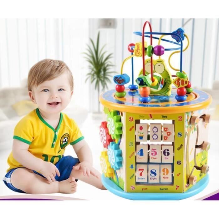 Elover Cube de Bois dactivité 8 en 1 Bébé Jouets Multi-usage de Jouets Labyrinthe de Perles Cadeaux pour Enfants 