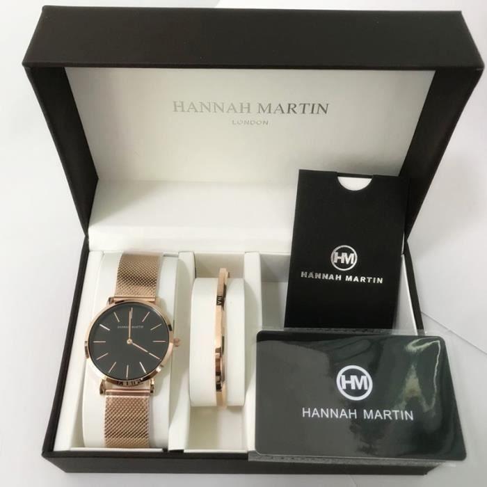 Hannah Martin Simple étanche Femmes Montre à Quartz Or Rose en Acier Inoxydable Maille Dames Montre 1 Ensemble Bracelet Cadeau