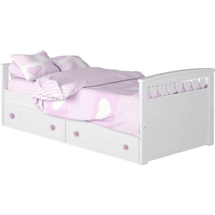 lit enfant avec rangement cœurs - bainba - 90 x 190 cm - bois - blanc - sommier inclus