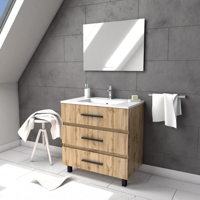 Ensemble Meuble De Salle De Bain 80x81x50 Cm Effet Chene Bois Avec Vasque Resine Blanche 3 Tiroirs Avec Poignees Et Pieds Noir Cdiscount Maison
