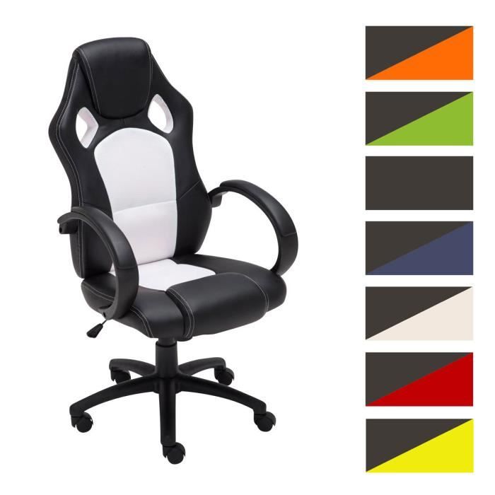 clp chaise bureau racing gamer fire en similicuir avec hauteur réglable et pivotant, noir / blanc