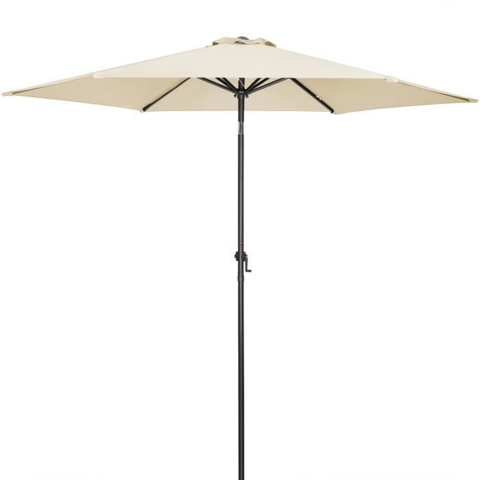 Parasol Solaire Jardin 270 Cm LED Inclinable - Toile Beige, Protection UV 80+, Manivelle, Panneau Solaire Intégré
