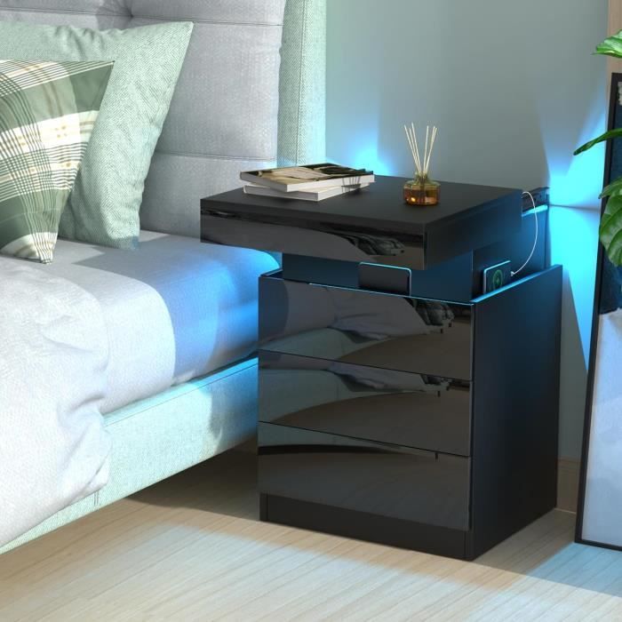 Table de Chevet LED - DHHOZAMZ - 3 tiroirs - Noir - 45x40x67cm
