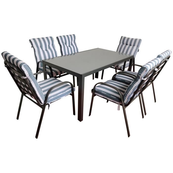 table de jardin avec 6 chaises tenerife table de jardin extérieure 150 x 90 cm gris anthracite et coussins blanc et bleu textile