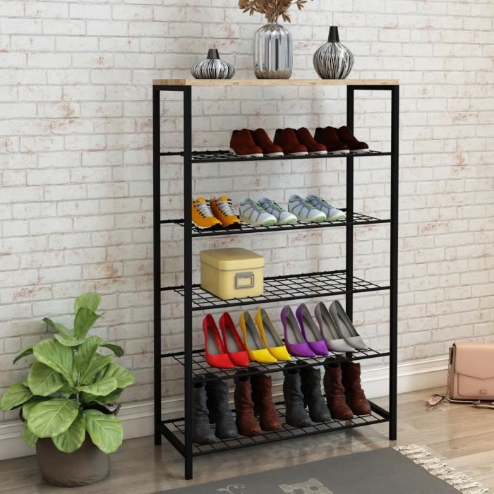 Meuble à chaussures Hvidebæk à 5 niveaux à grille 116 x 73 x 30 cm noir effet bois [en.casa