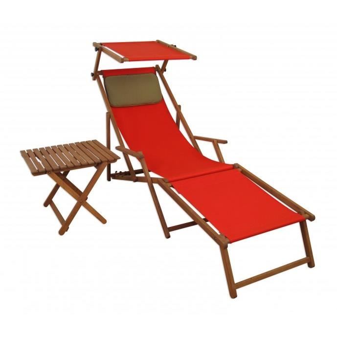 chaise longue de jardin rouge pliante, repose-pieds, pare-soleil, table, oreiller 10-308fstkd