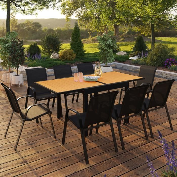 IDMARKET Salon de jardin POLY extensible table 90-180 CM et 8 chaises bois et noir