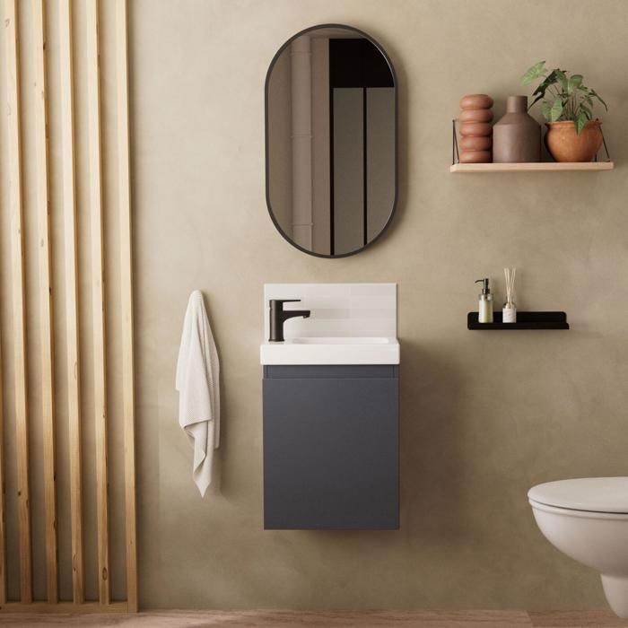 Ensemble meuble lave-mains LISA gris avec miroir ovale Gris Foncé 21,5 cm
