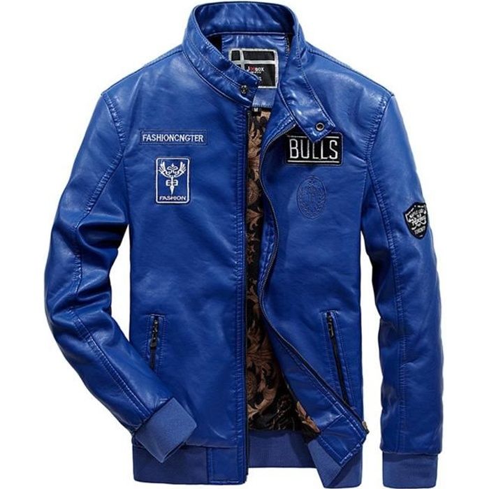 Blouson Moto Homme en Simili Cuir Casual Veste Col Montant