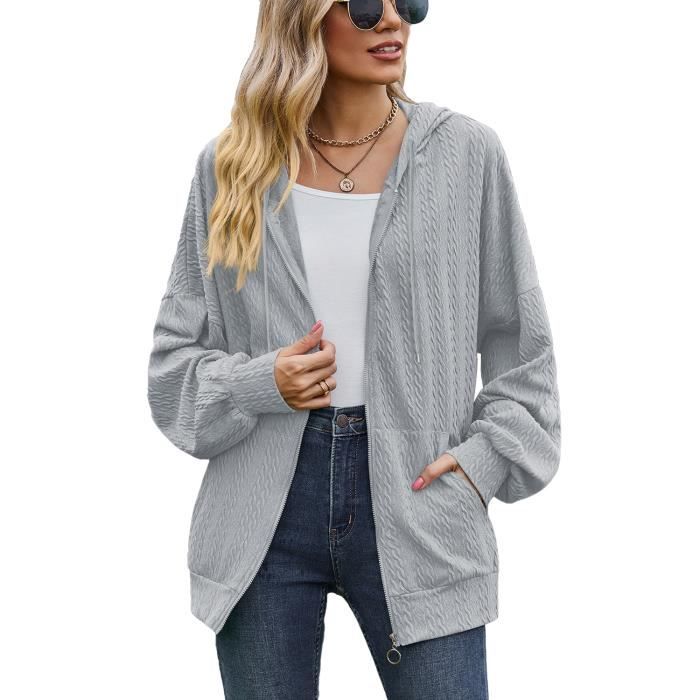 Gilet Zippe Femme Capuche en Tricot Cardigan Manches Longues Couleur Unie Automne Hiver