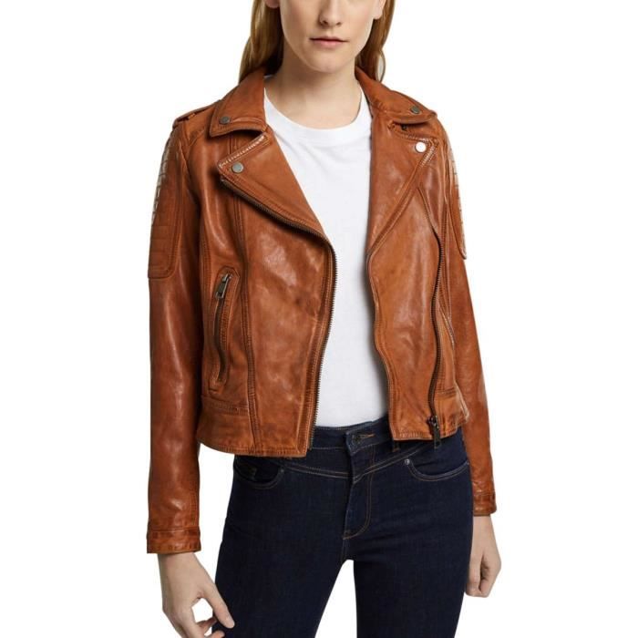 Veste Motard Courte ESPRIT Femme Marron 100% Cuir d'Agneau - Main Image