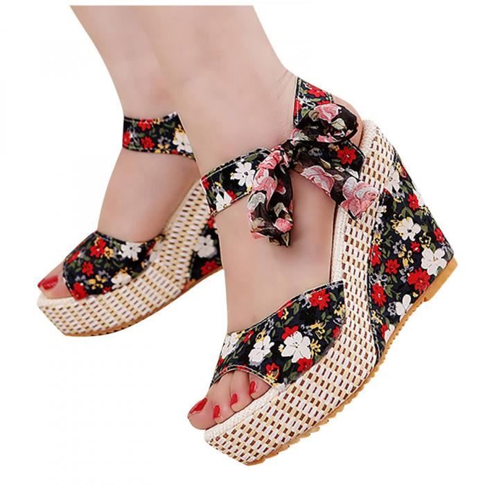 Sandales Compensees Ete Femme Noir Talon 6cm Lacets Bout Ouvert Noir Cdiscount Chaussures