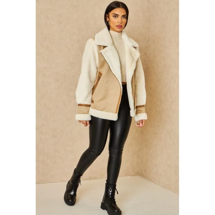Veste aviateur en su dine beige et fourrure crue Beige