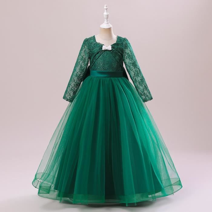 Robe Fille mariee longues Robe de princesse en maille gonflee Robe de demoiselle d honneur a manches longues dark Vert Vert Cdiscount Pret a Porter