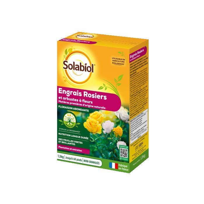 SOLABIOL Engrais Rosiers & Arbustes à Fleurs 1,5 Kg - Nutrition Longue Durée - Jusqu'à 60 Rosiers