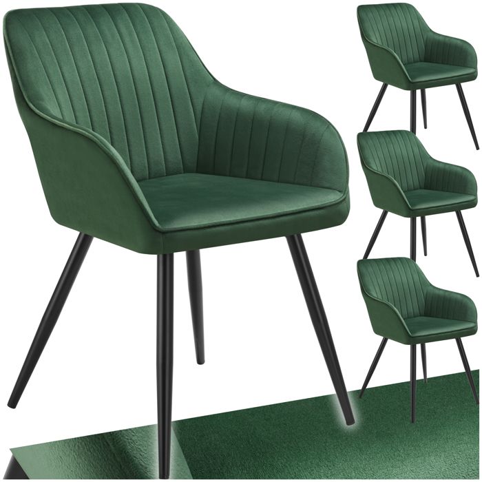 Chaise - TECTAKE - Lot de 4 chaises MARYLIN effet velours capitonné rembourrée et pieds acier noir 58 x 62 x 82 cm - Vert foncé
