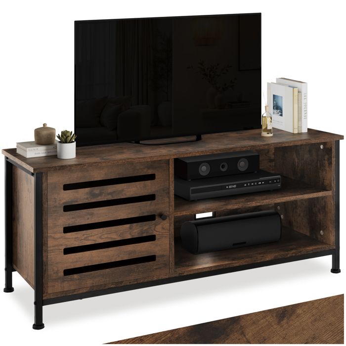 Meuble TV - TECTAKE - Meuble de salon GALWAY en bois et acier 2 compartiments et porte magnétique 110 x 415 x 505 cm - Bois foncé