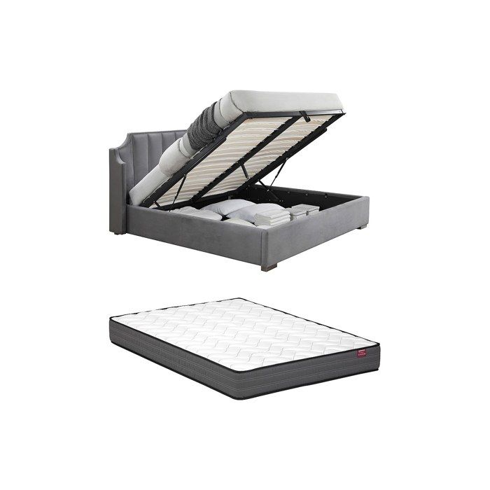 Lit coffre 180 x 200 cm avec tête de lit incurvée - Velours - Gris clair + Matelas - TEOMIS Lit coffre 180 x 200 cm avec tête de lit incurvée - Velours - Gris clair + Matelas - TEOMIS