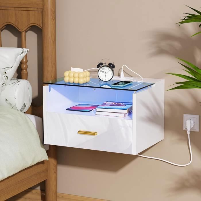 VIVOLILV Table de Chevet murale avec Prise et LED - 1 tiroir 1 niche - Blanc - 42x30x24.5cm