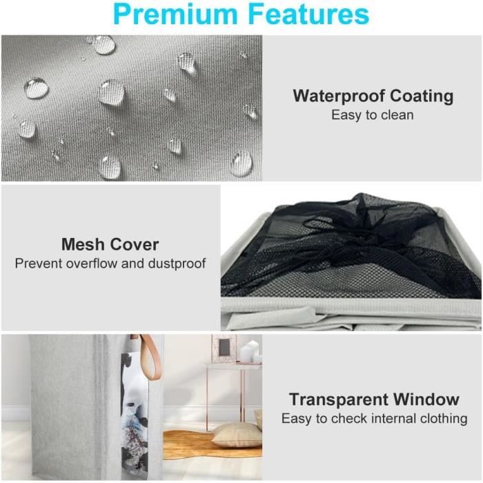 Panier à Linge Étroite 70L Pliable Imperméable - Corbeille à Linge Noire Avec Poignées Bois Pour Chambre Et Salle De Bain