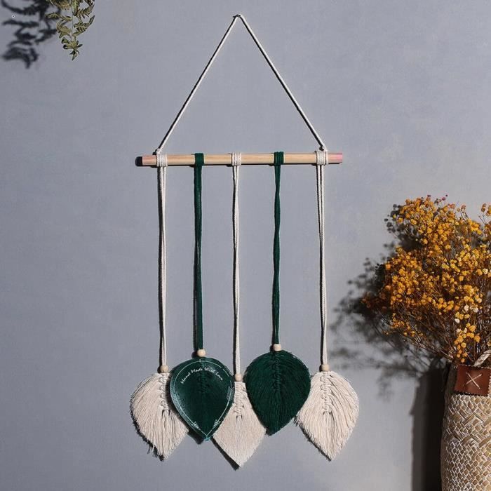 Tenture Murale En Macramé Fait Main – Décoration Bohème Beige Et Verte, Coton