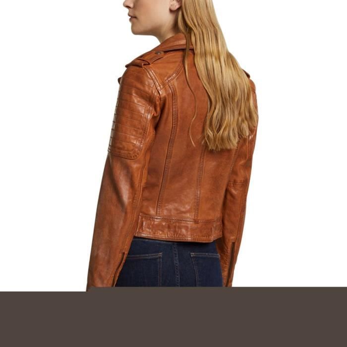 Veste Motard Courte ESPRIT Femme Marron 100% Cuir d'Agneau