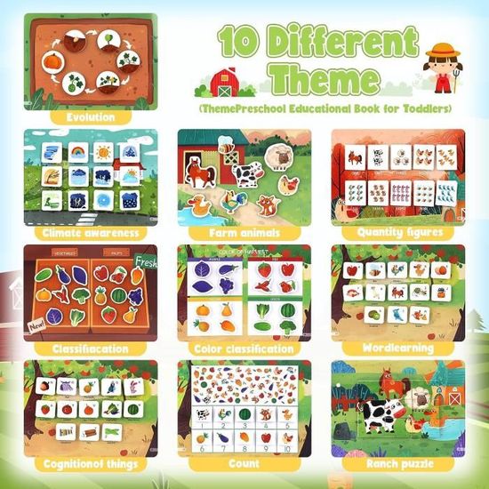 Sumtoco Busy Board Montessori Dinosaures - Jouet Éducatif Enfant 1-4 Ans, Livre D'Activités Quiet Book Garçon Fille