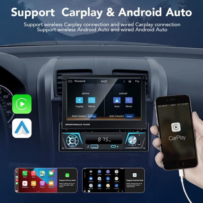 Autoradio - Dab Radio - Carplay Radio - Android Auto Radio - 1 DIN Radio 7 Inch Intrekbaar Touchscreen Draadloos Carplay Achteruitrijcamera 8721391572397