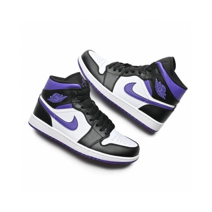 Basket Air Jordan 1 Mid Noir et Blanc Violet Mixte Lacets Plat Cuir Blanc Cdiscount Chaussures