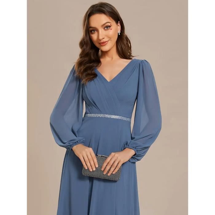 Robe EVER PRETTY robe de soiree en mousseline bleu marine elegante robe de demoiselle d honneur col en V taille haute Dusty Navy Blanc Cdiscount Pret a Porter