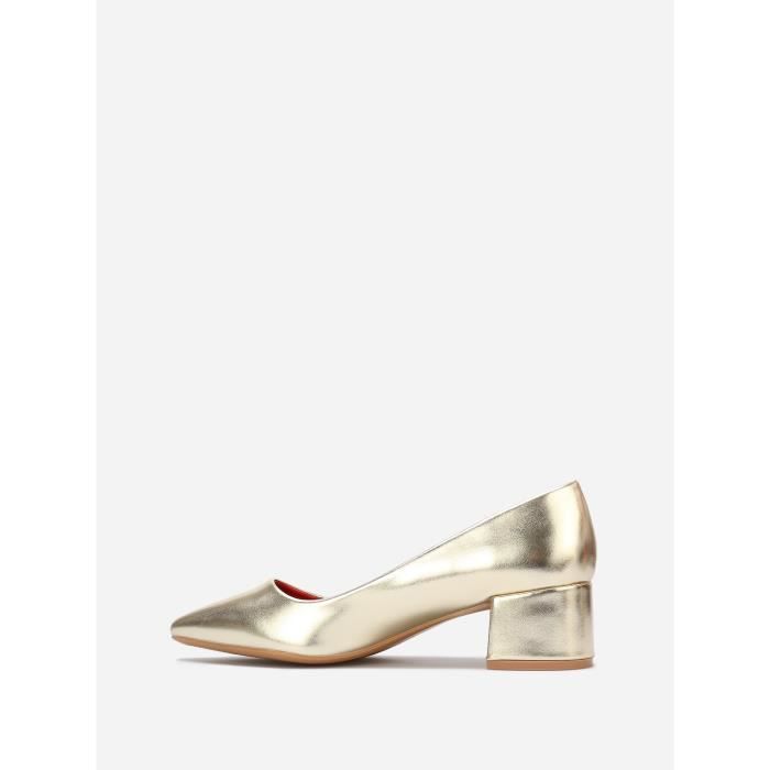 Escarpins Femme Dore Talon Large et Carre Blanc