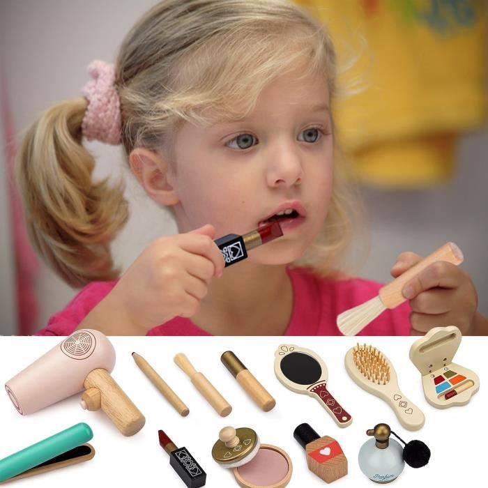Coffret Maquillage Enfant En Bois - Jeu De Rôle Coiffeur - Cadeau Pour Filles 3-7 Ans - Accessoires Complets